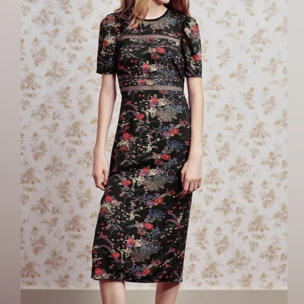 Urban Outfitters Emma Marie Lace Trim Floral Midi Dress in Black Size Small